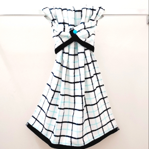 Hand Crafted Other - #9097-B ●✅️LAST 1✅️NEW! Black/White/Teal checked Hand Towel w/TEAL PLASTIC SNAP